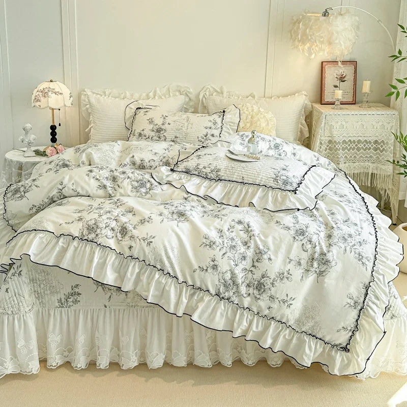 4/6Pcs Pure Cotton French Flowers Prints Ruffles Princess Bedding Set