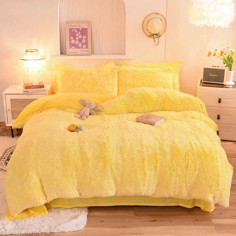3Pcs Super Shaggy Coral Fleece Warm Cozy Princess Bedding Set