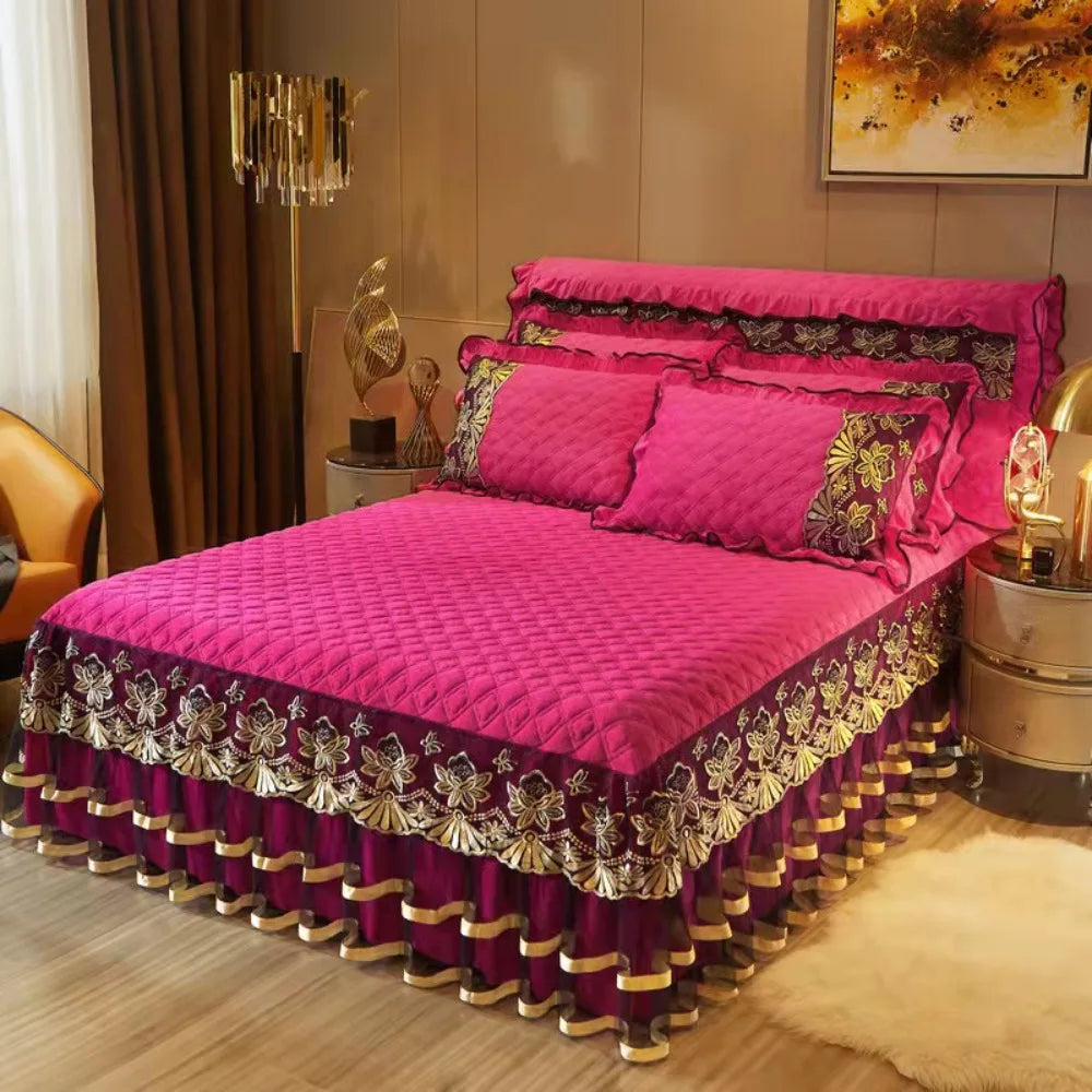 European Style Winter Lace Embroidery Bed Skirt Set High Quality Thickened Bed Cover Bedding Set