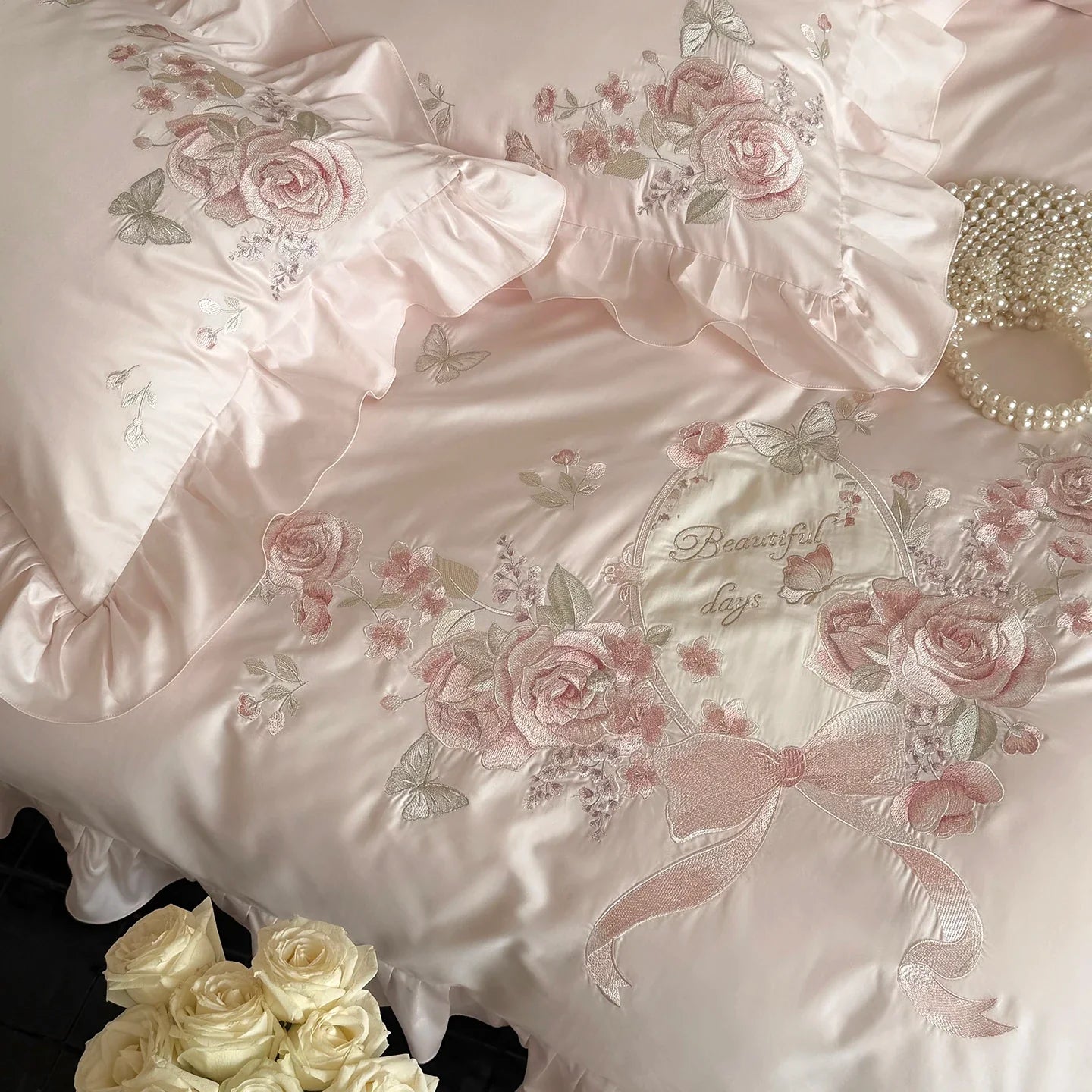 Pink Flowers Embroidery Ruffles Luxury Bedding Set