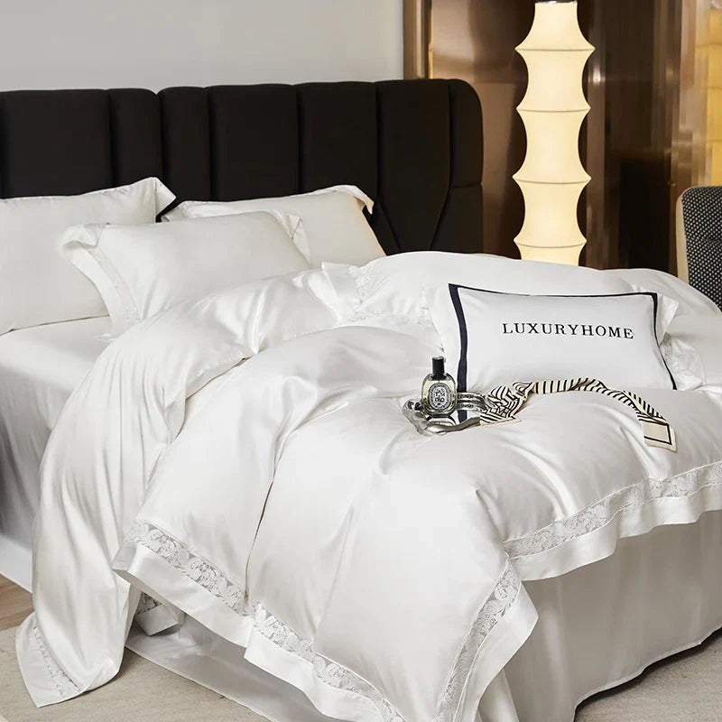 Premium 1000TC Lyocell Cotton Flowers Hollow Lace Wide Edge Embroidery Bedding Set