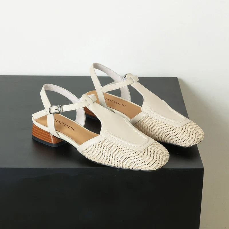 leather cowhide hollow weave low Heel