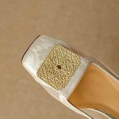 Square Head Cowhide Breathable Mesh Metal Jewelry High Heel