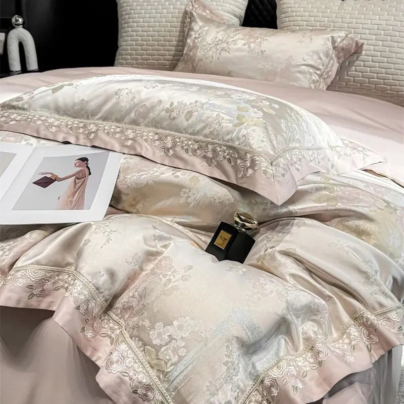 1000TC Egyptian Cotton Flowers Jacquard Embroidery Luxury Bedding Set