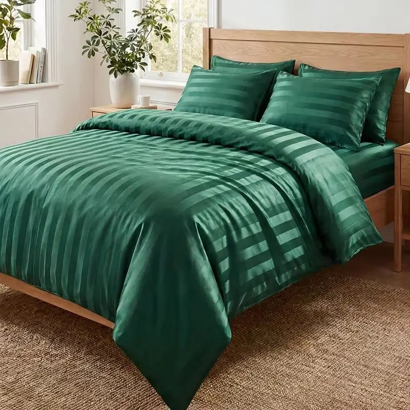 Luxury Black Satin Striped Duvet Cover Set, Silky Jacquard Vertical Stripe Bedding with Duvet Cover and Pillow Cases 2/3Pcs