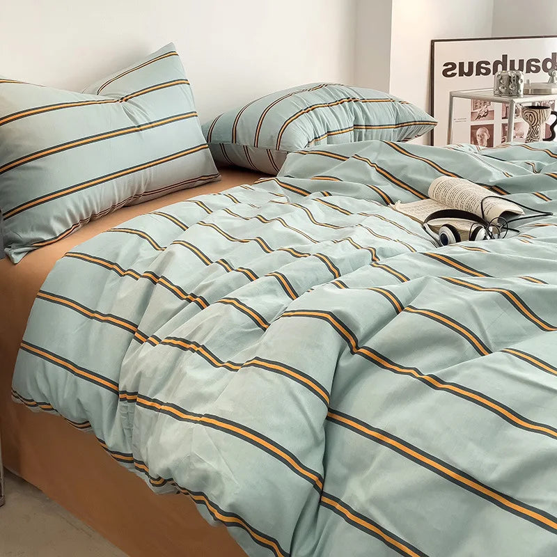 Simple Green Striped Duvet Cover Bed Sheet Pillowcase Set Full Queen King Cotton Bedding Set