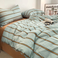 Simple Green Striped Duvet Cover Bed Sheet Pillowcase Set Full Queen King Cotton Bedding Set