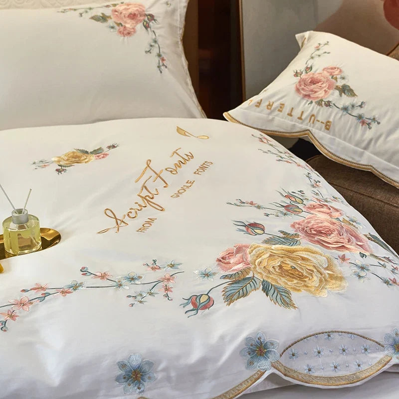 Peony Flowers Embroidery Luxury Bedding Set