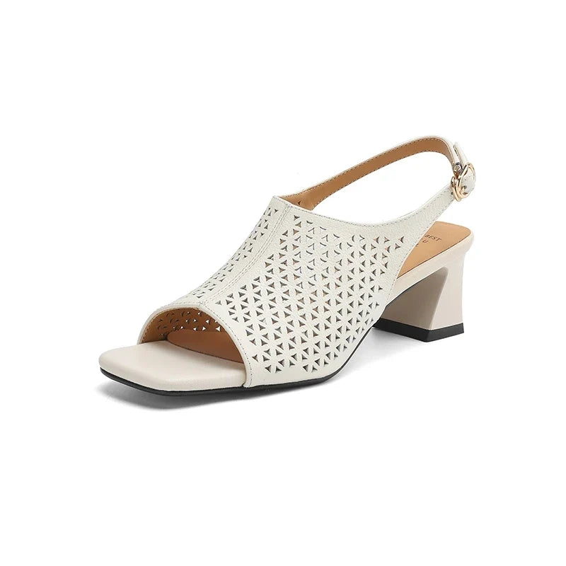 cowhide hollow out breathable open toe thick Heel