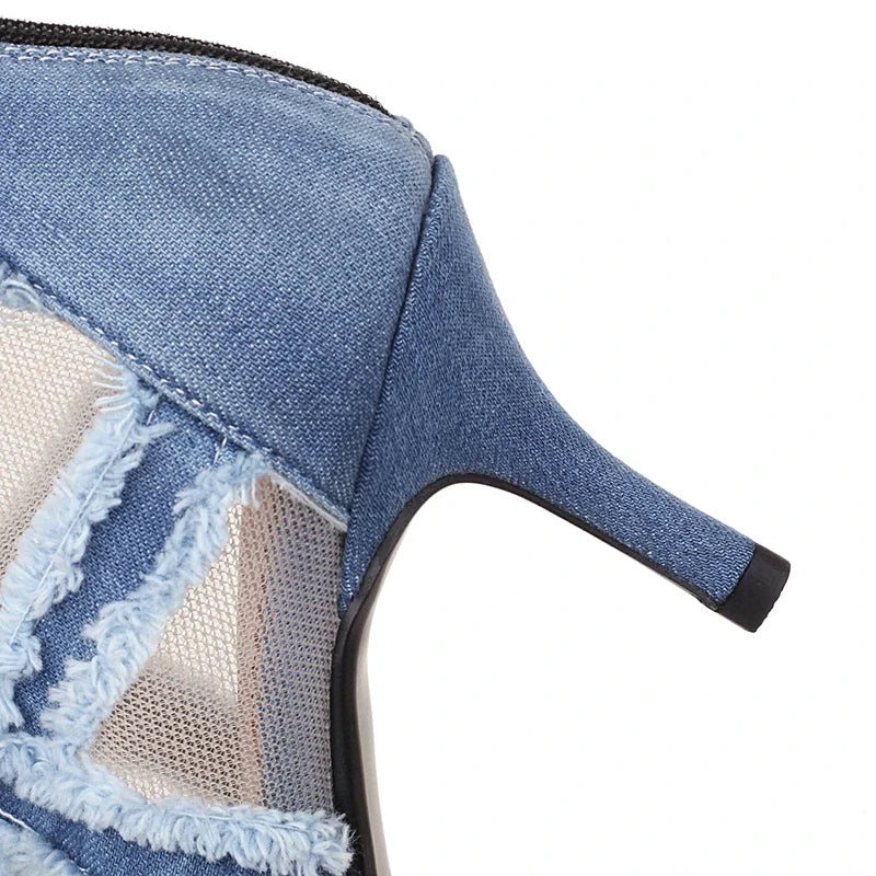 European and American Denim Mesh Lace Lace Lace High Heel