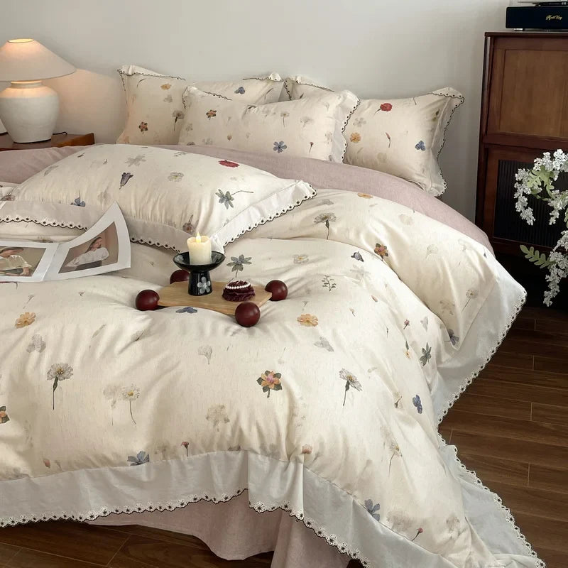 Vintage Floral Print Lace Luxury Bedding Set