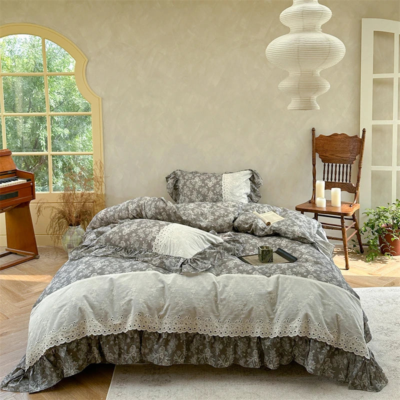 French Vintage 100% Cotton Lace Ruffles Floral Princess Bedding Set