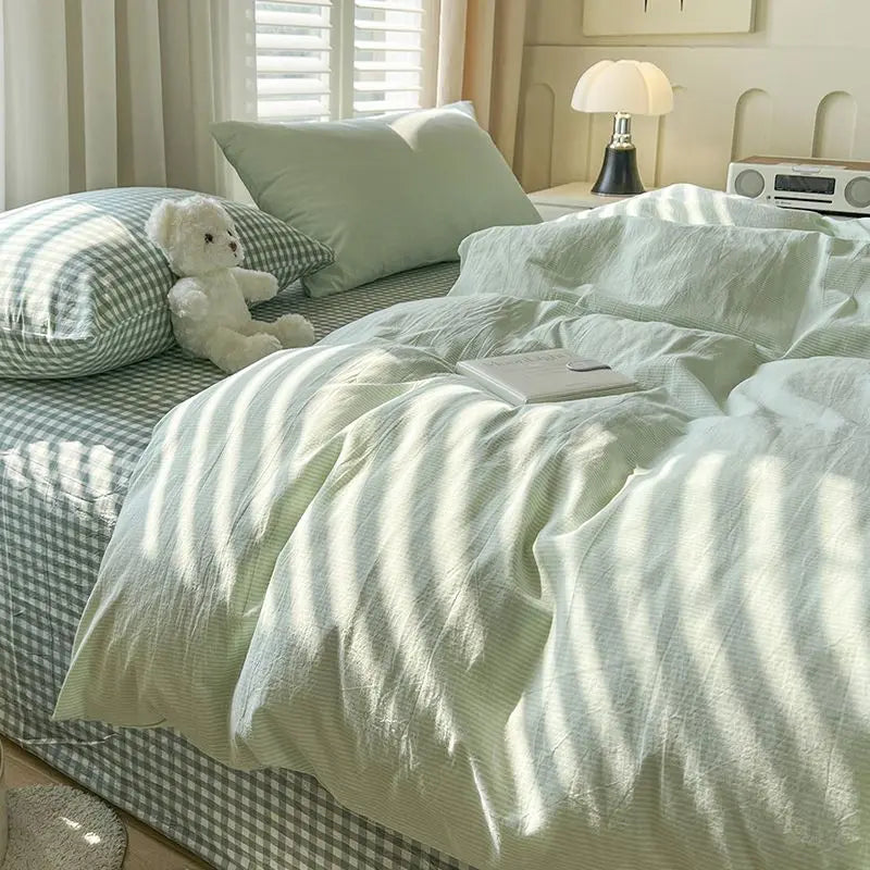 Nordic Duvet Cover Set with Zipper Simple Plaid Flat Sheet Pillowcases No Filler Pink Blue Hotel Twin Queen Size Bedding Set