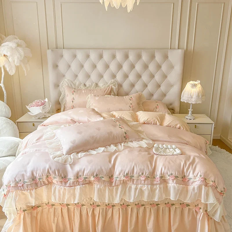 4Pcs Pure Cotton French Flowers Lace Ruffles Princess Wedding Bedding Set
