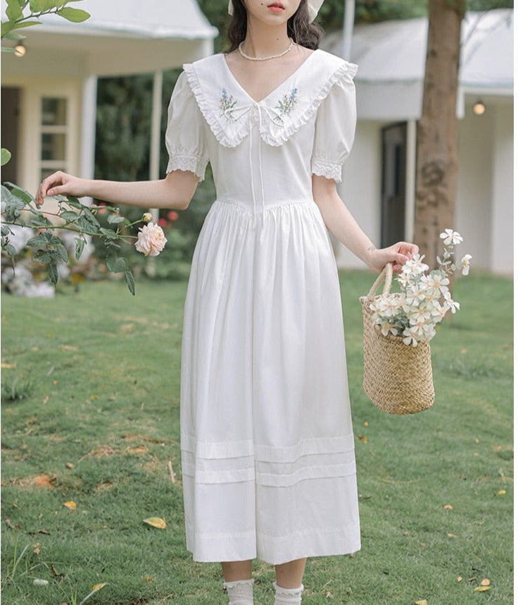 Heidi Flower Embroidered White Cottagecore Dress