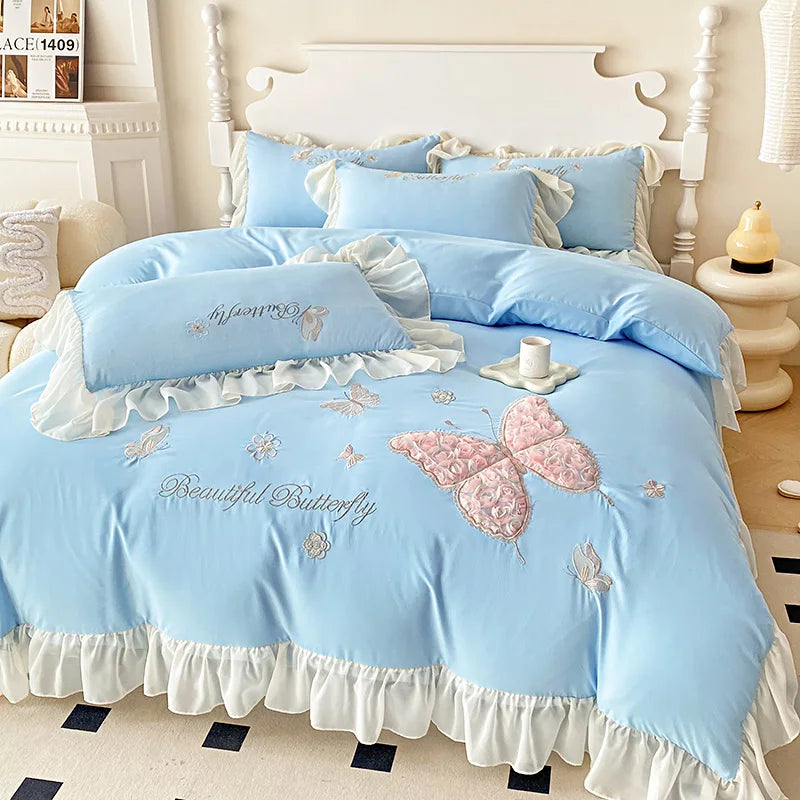 3/4Pcs Korean Princess Style Washed Cotton Three-Dimensional Embroidered Butterfly Queen Size Bedding Set