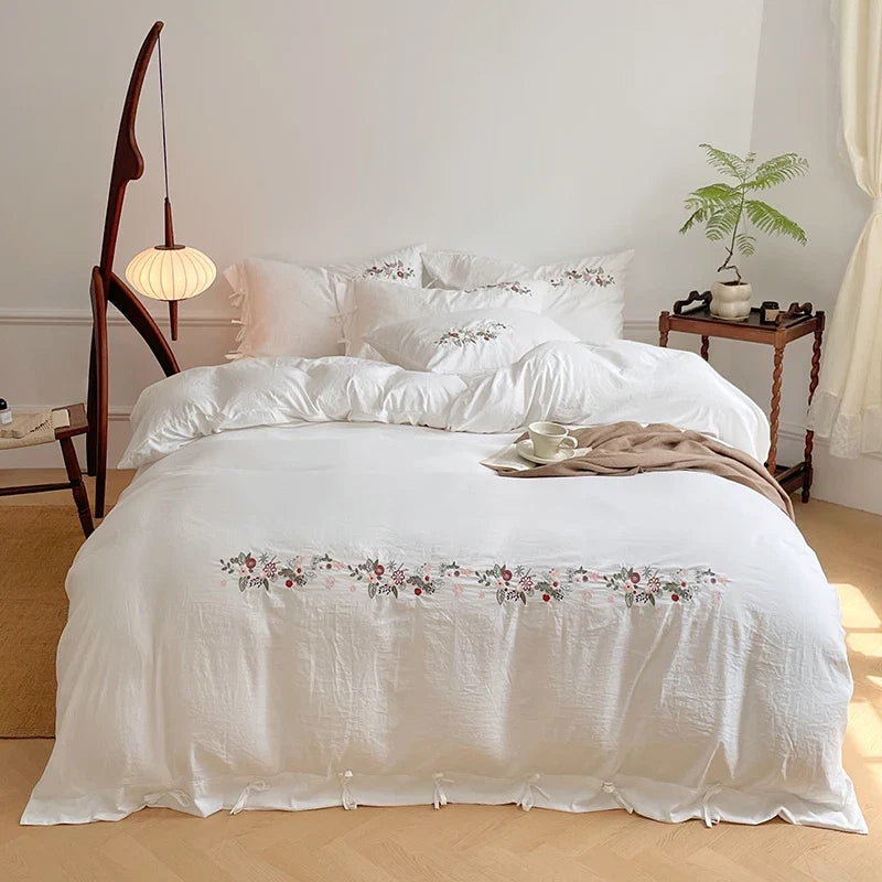 Vintage Floral Embroidered Lace-Up White Bedding Set