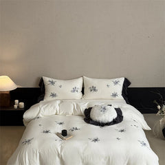 Rose Flowers Embroidery 100% Cotton Wrinkled Yarn Bedding Set