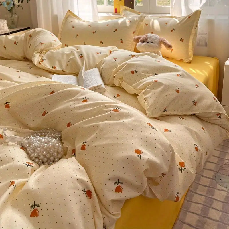 Fashion Floral Duvet Cover Set with Flat Sheet Pillowcase No Filler Girls Twin Full Queen Size Korean Soft Bedding Set