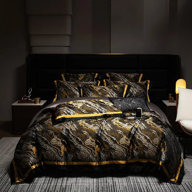 1000TC Cotton Luxury Black Gold Satin Jacquard Bedding Set