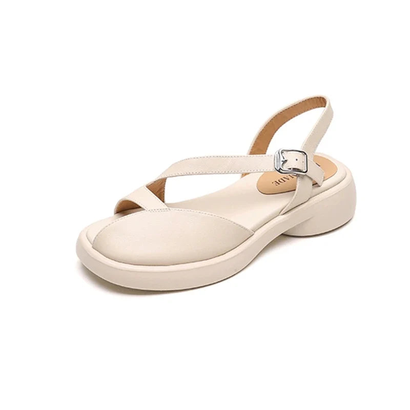 leather cowhide midsole hollow breathable loose buckle thick sole toe Roman Shoes