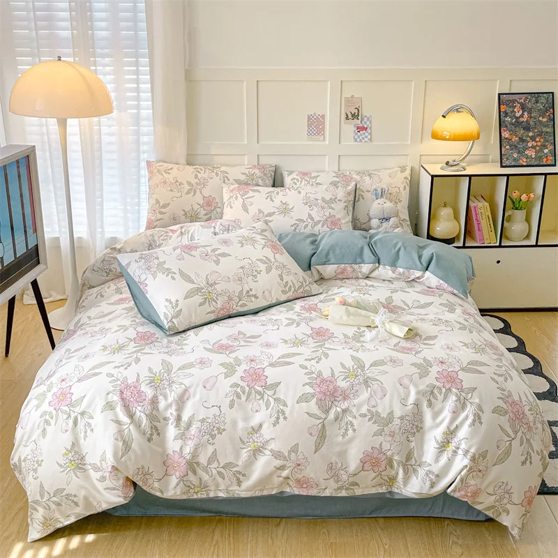 Heart Pattern 100% Cotton Duvet Cover Set with Flat Sheet or Fitted Sheet 3/4 Pcs Soft Breathable Queen King Size Bedding Set