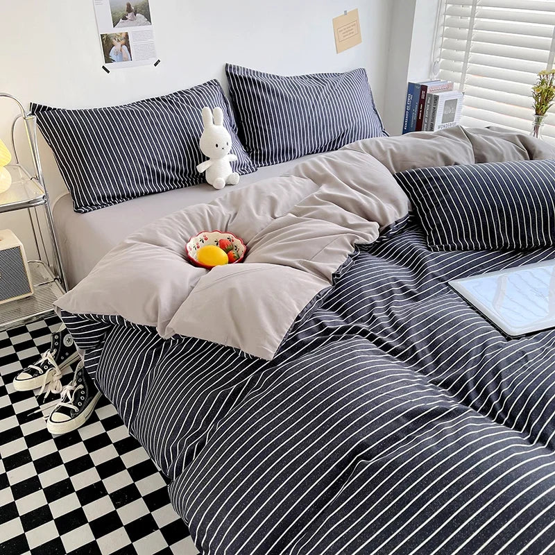 Brushed Japanese Muji-Style Plaid Striped Duvet Cover and 2 Pillowcases minimal queen twin size quilt cover 3pcs bedding sets