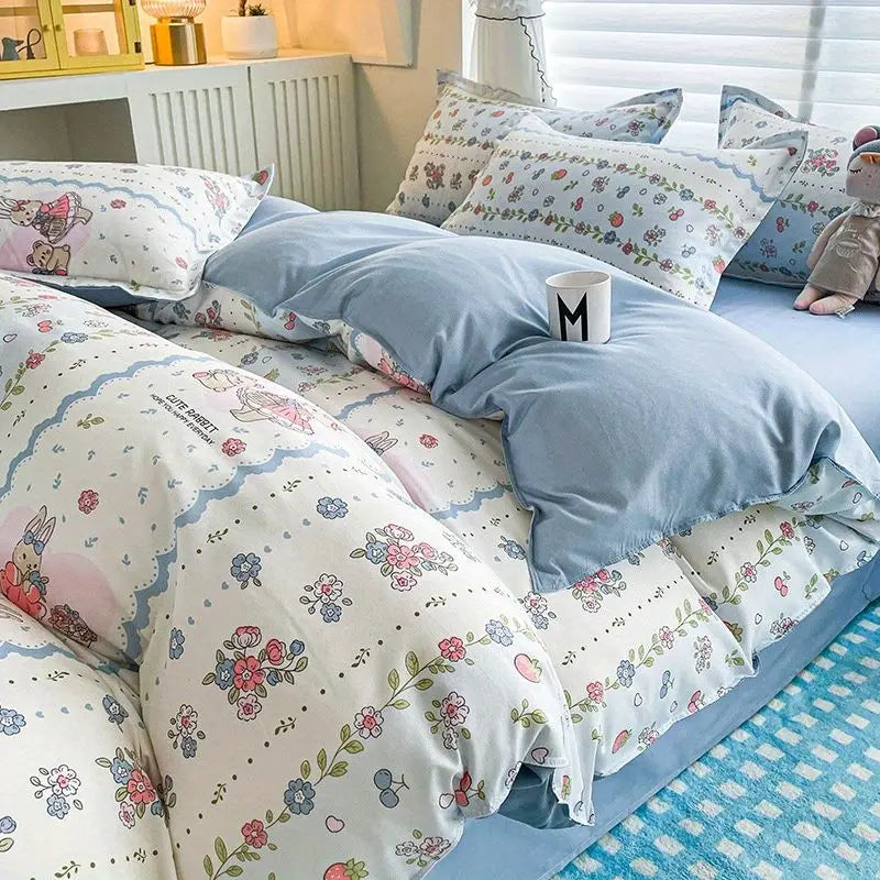 Kawaii Duvet Cover Set Cartoon Printed with Zipper Bed Sheet Pillowcases No Filler Twin Queen Size Adult Kids Bedding Linens