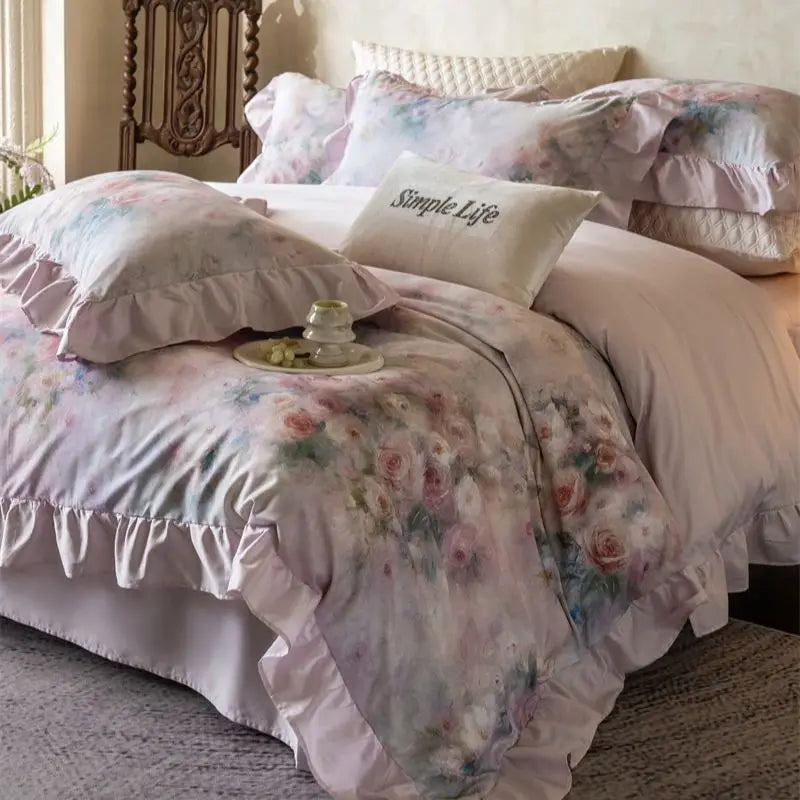 600TC Egyptian Cotton Flowers Print Ruffle Luxury Bedding Set