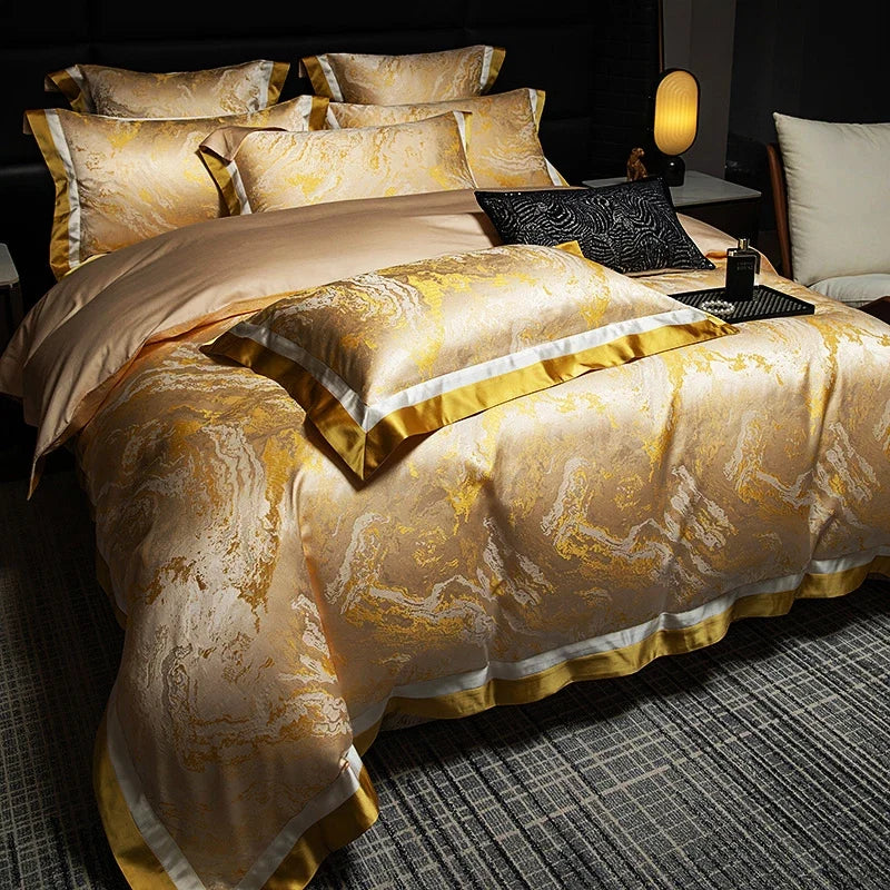1000TC Cotton Luxury Black Gold Satin Jacquard Bedding Set