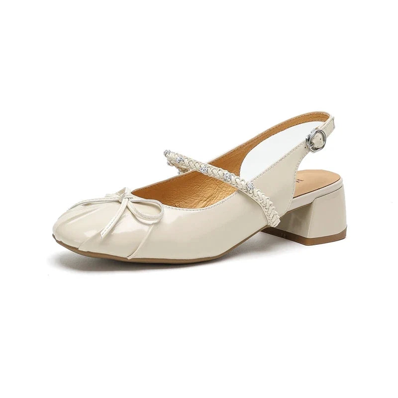 leather cowhide round toe elastic buckle middle Heel