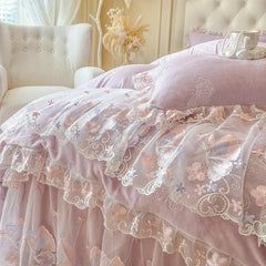 Butterfly Embroidery Lace Ruffles Carved Velvet Winter Thickened Bedding Set