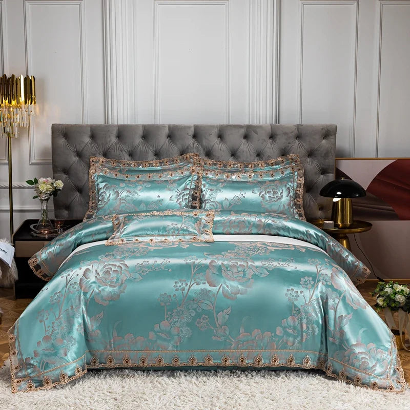 Luxury Euro Gold Satin Jacquard Lace Bedding Set