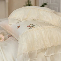 Flowers Embroidery Lace Ruffles Princess Wedding Bedding Set