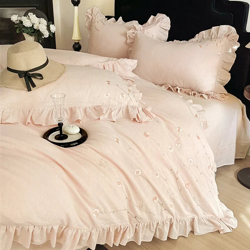 Chic Flowers Embroidery Ruffles Luxury Bedding Set