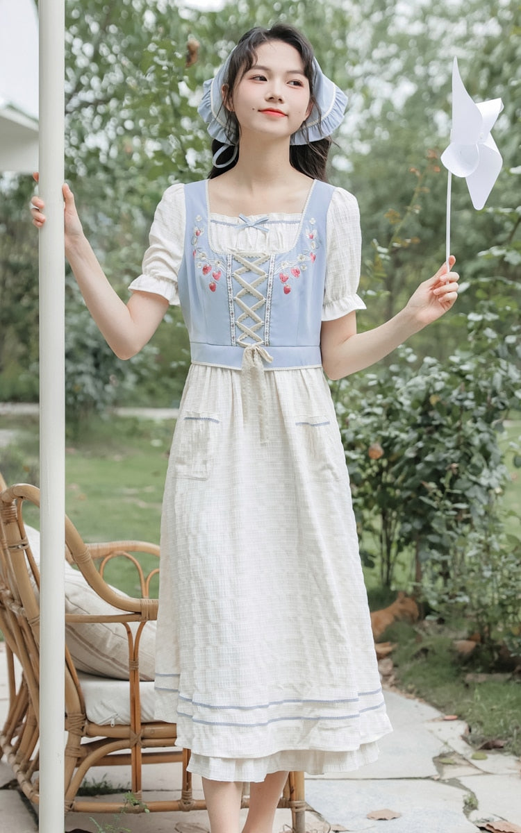 Strawberry Garden 3-Piece Set Cottagecore Dress with Head Scarf