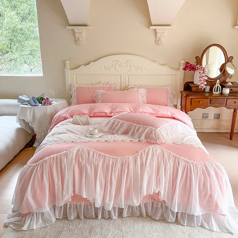 4/6Pcs White Pink Princess Wedding Bedding Sets