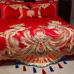 Chinese Style Wedding Gold Dragon Phoenix Embroidery 100S Egyptian Cotton Bedding Set