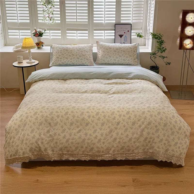 3/4Pcs Korean Princess Flower Print Lace Bedding Set
