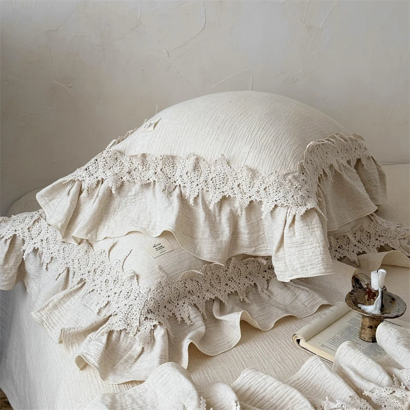 20% Linen And 80% Cotton Hollow Lace Ruffles Vintage French Bedding Set