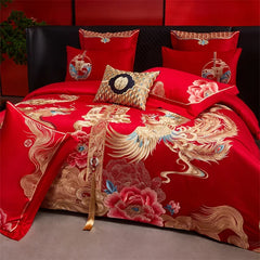 Luxury Chinese Style Wedding Flower Dragon Phoenix Embroidery Bedding Set