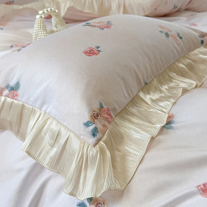 100% Cotton French Cottage Rose Print with Ruffle Trim Princess Bedding Set