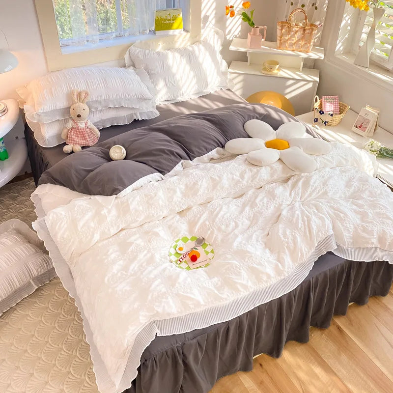 Korean Seersucker Duvet Cover Set with Pillowcases Flat Sheet Adults Kids Twin Full Queen Size Bedding Set