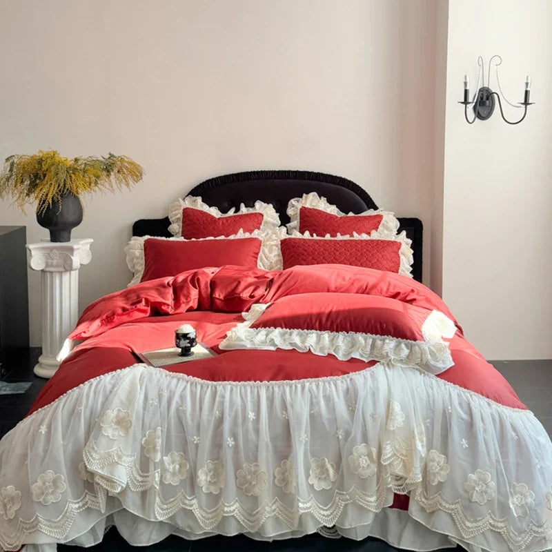 4Pcs Pink Romantic Lace Ruffles Princess Wedding Bedding Set