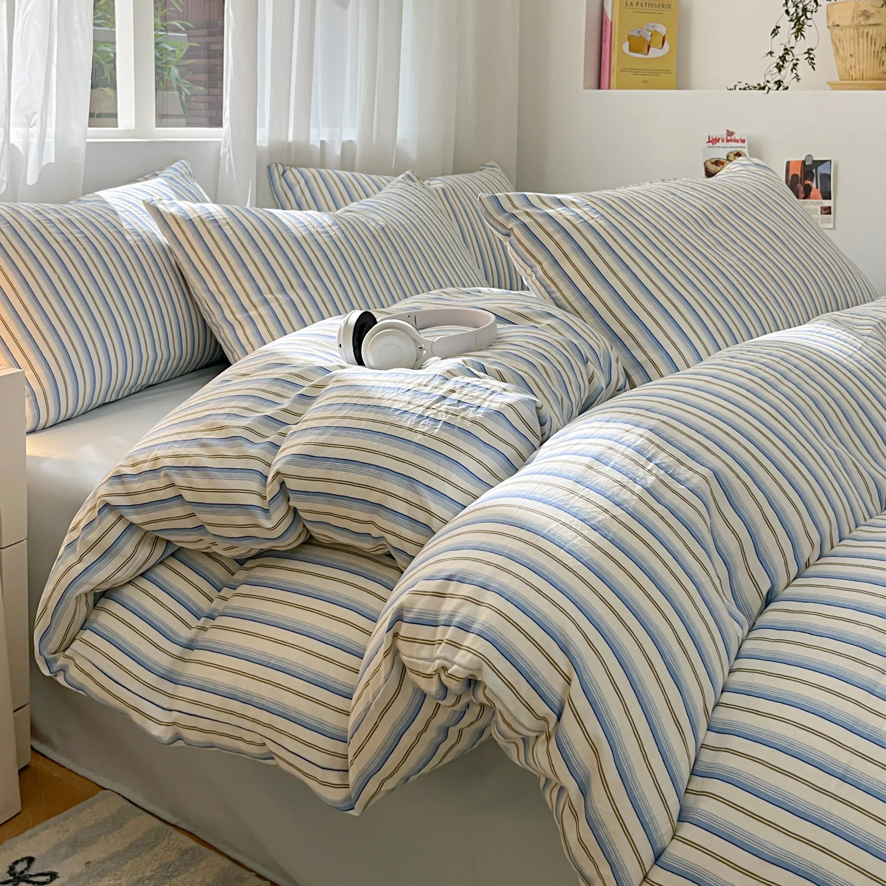 3/4 Pcs Blue Checkered Bedding Set