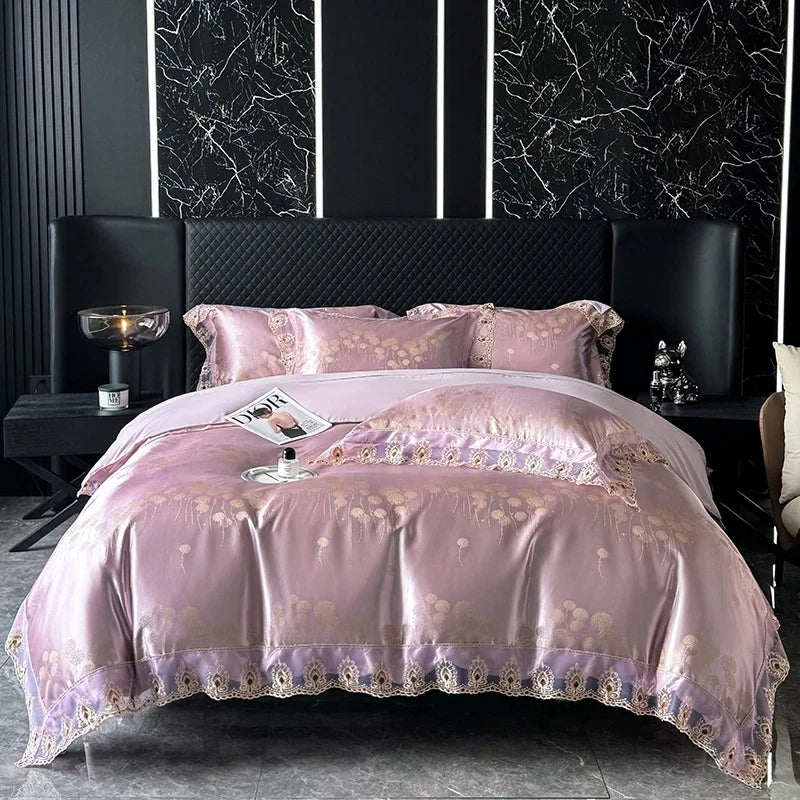 Luxury Euro Gold Satin Jacquard Lace Bedding Set