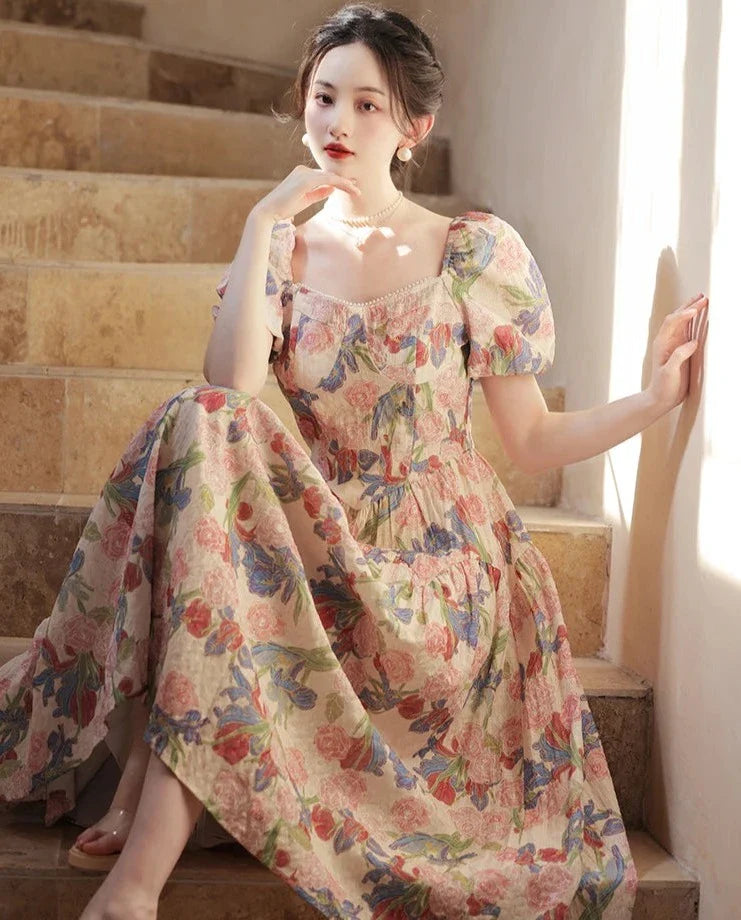 Dalila Floral Pearl Decorated Vintage-Inspired Dress