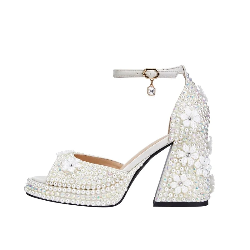 European and American Nightclub Princess Flower Buckle Pearl Thick Bottom Fish Mouth Open Toe Large Heel