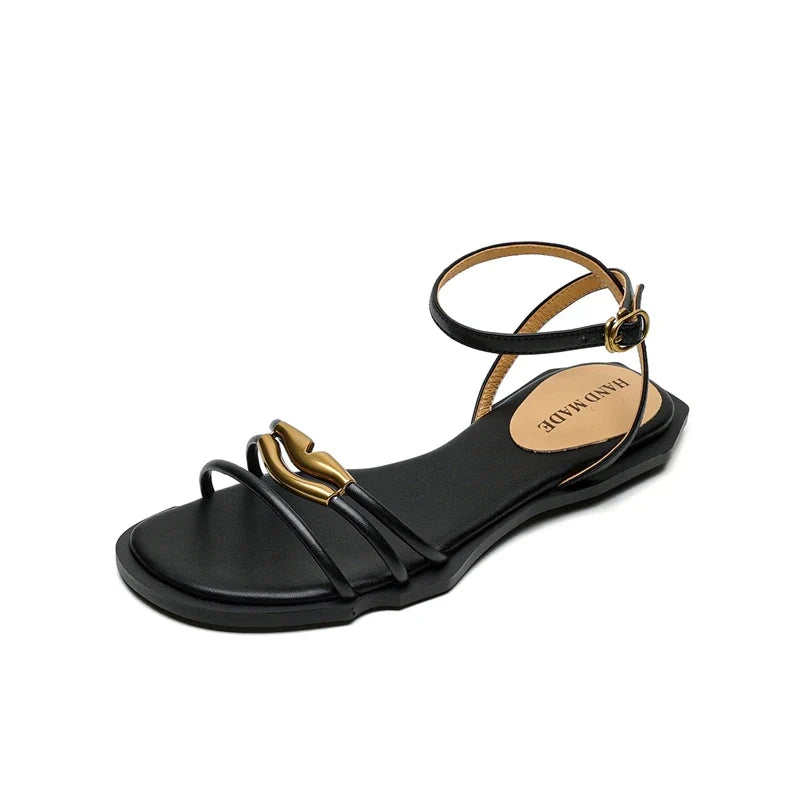 Leather Cowhide Metal Accessories with Elastic Buckle Round Toe Open Toe Shoes