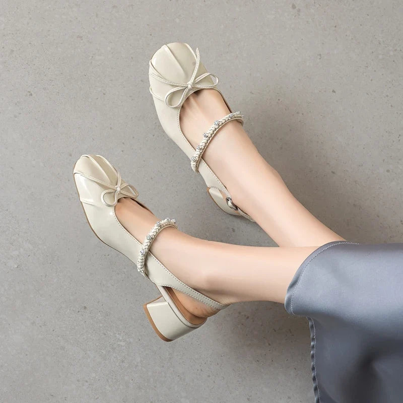 leather cowhide round toe elastic buckle middle Heel